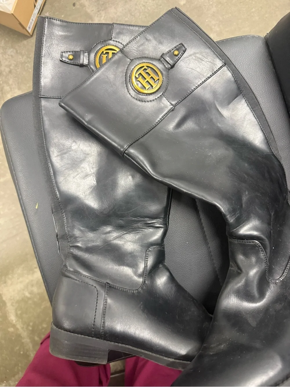 Tommy Hilfiger Black Leather Over-the-Knee Boots with Gold Logo Accent